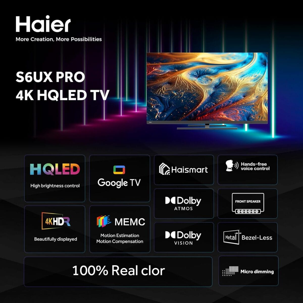 ⁦تلفزيون 65 بوصة هاير QLED الذكي – دقة 4K UHD، تردد 120 هرتز، Dolby Vision وHDR10، Google TV، HDMI 2.1، بلوتوث 5.1، تصميم أنيق بدون حواف – موديل H65S800UX⁩ - الصورة ⁦2⁩