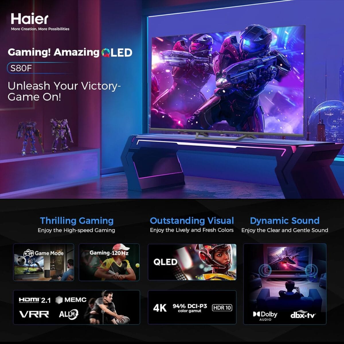 ⁦تلفزيون 75 بوصة هاير تلفزيون QLED ذكي – دقة 4K | تردد 120Hz | Dolby Vision & Atmos | HDMI 2.1 | Google TV | تجربة ألعاب متكاملة | تصميم بدون حواف – أسود | موديل H75S80FUX⁩ - الصورة ⁦2⁩
