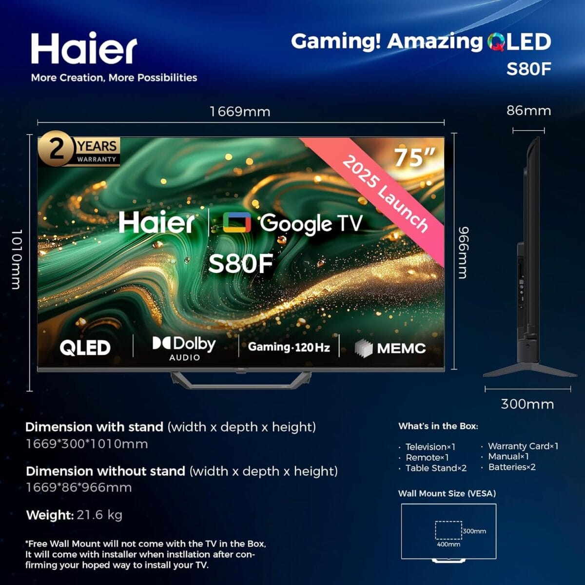 ⁦تلفزيون 75 بوصة هاير تلفزيون QLED ذكي – دقة 4K | تردد 120Hz | Dolby Vision & Atmos | HDMI 2.1 | Google TV | تجربة ألعاب متكاملة | تصميم بدون حواف – أسود | موديل H75S80FUX⁩ - الصورة ⁦9⁩