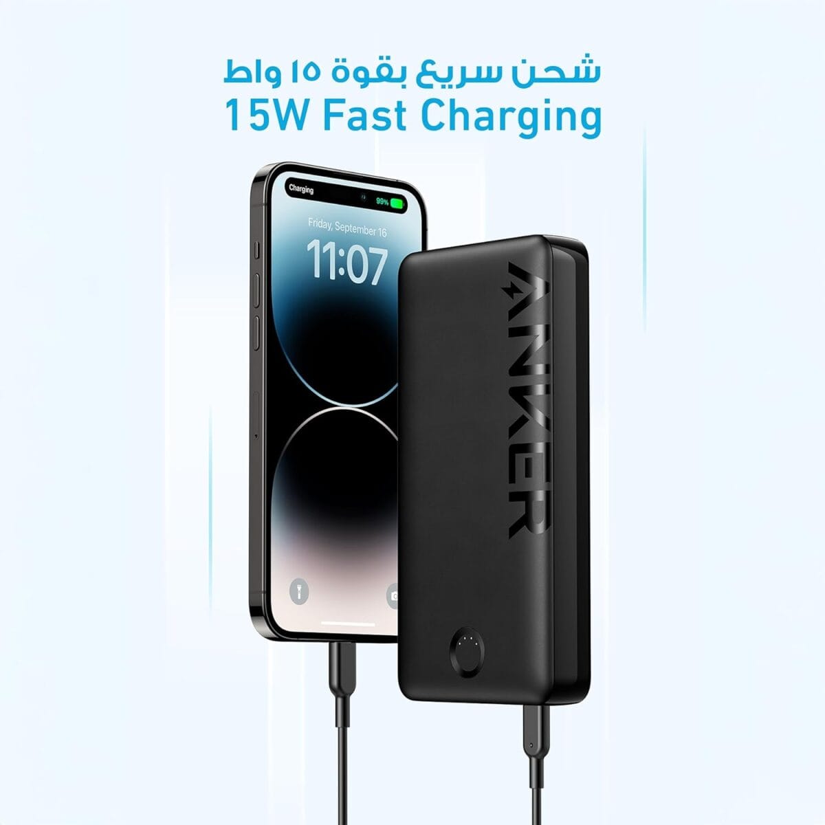 ⁦شاحن محمول من انكر باور بانك 325 كور 20 كيه II) بطارية 20000mAh مع منفذين شحن فائق السرعة 15 واط لهواتف ايفون وسامسونج جالاكسي وغيرها 20000 مللي أمبير ساعة الليثيوم أسود⁩ - الصورة ⁦4⁩