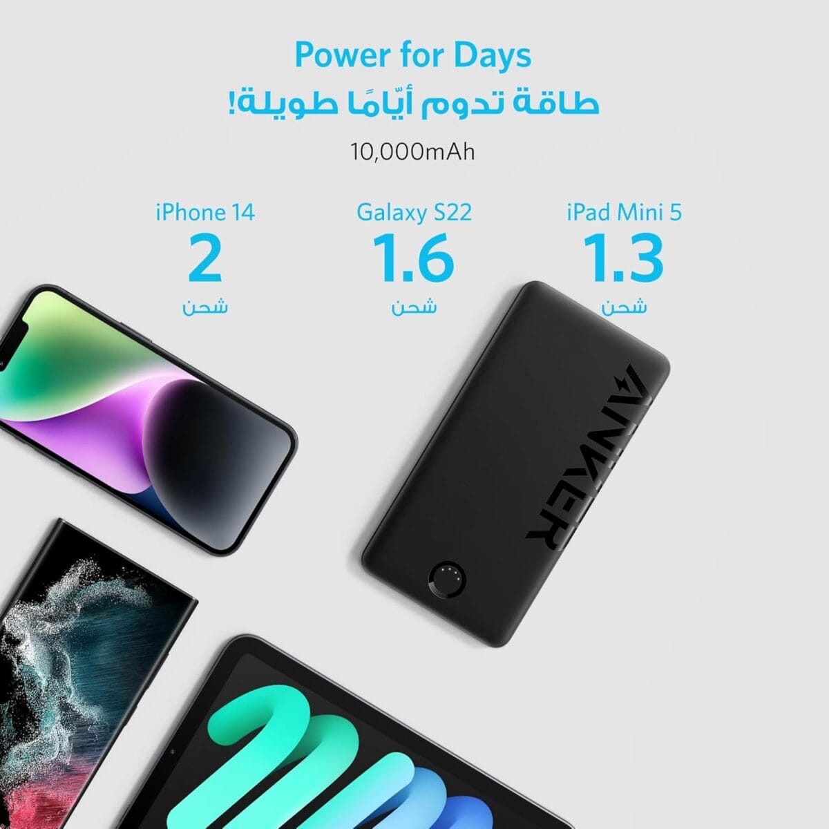 ⁦باورك بانك 323 بمنفذ USB C من انكر شاحن بسعة 10000 مللي أمبير كور بي اي كيو حزمة بطارية عالية السعة لايفون 14 برو 15 ماكس سامسونج بيكسل ال جي الكابل والشاحن غير متضمنين أسود⁩ - الصورة ⁦2⁩