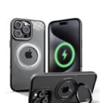 حافظة iPhone 16 Pro Max رفيعة مع حامل حلقي مغناطيسي 360° وحماية من السقوط – أسود